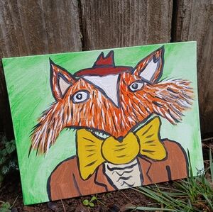 Fox In Bowtie Painting Folk Art Whimsy
